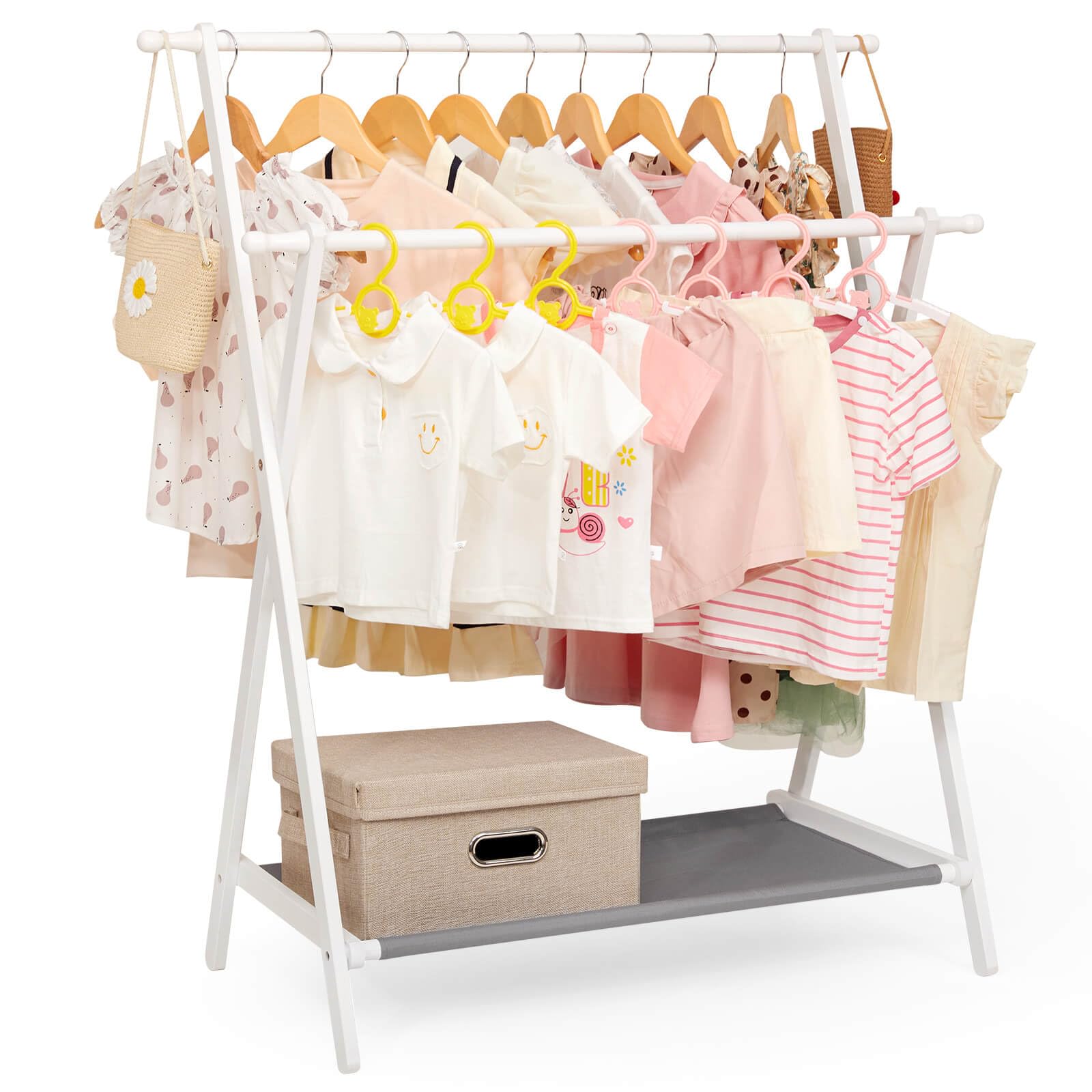 Cozivolife Kids Clothing Rack with 2 Hanging Rods and 4 Hooks, Kids Dress Up Rack with Bottom Storage Shelf, Child Garment Rack, Small and Foldable, Bamboo (White)