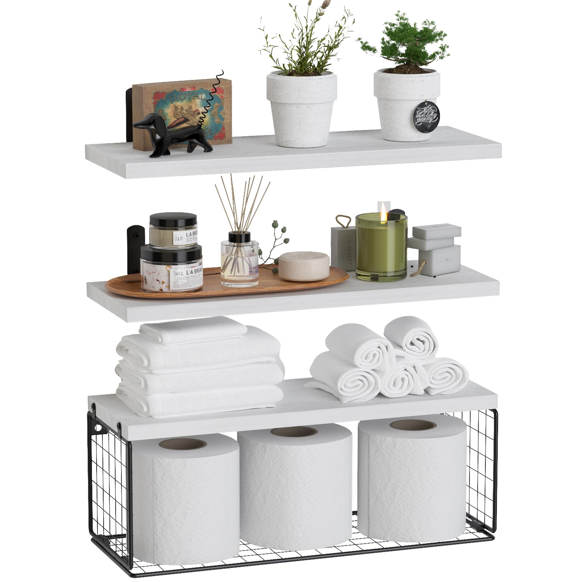 WOPITUES Bathroom Shelf Over Toilet, Floating Bathroom Shelf Wall Mounted with Wire Basket, Floating Shelf for Wall Décor-Modern White