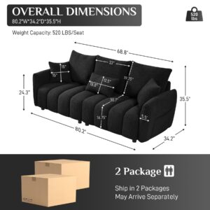 Wrofly Teddy Cloud Sofa Couch, Modern Deep Seat Boucle Sofa, 80.2" Comfy Upholstered Sherpa 3 Seater Couch with 3 Pillows, Oversized Loveseat for Living Room Apartment Office, Black