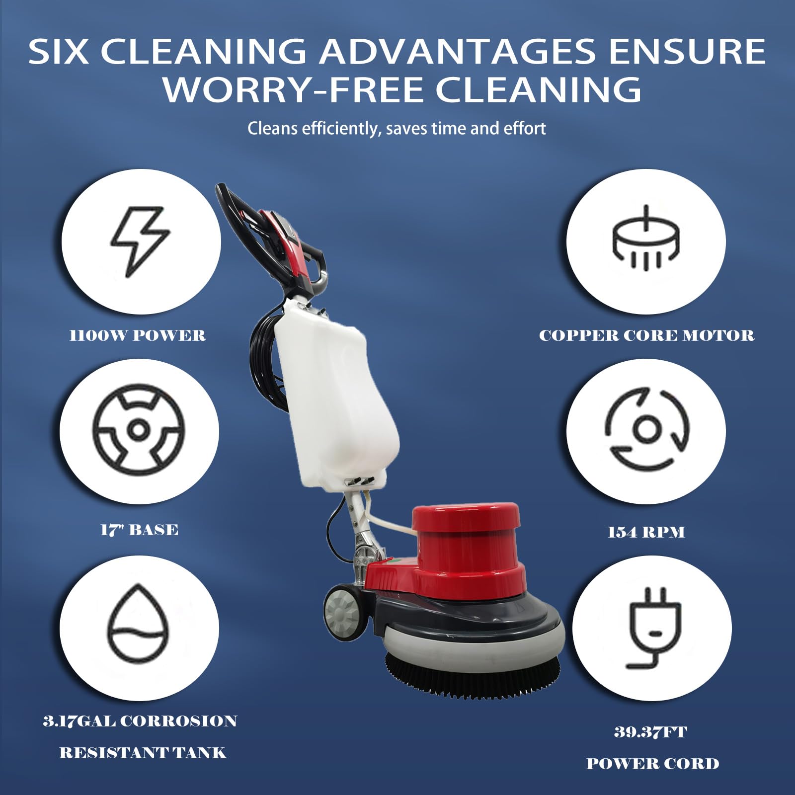 WYDDDARY 1100W Red Floor Polisher Commercial Floor Cleaner Polishing Machine Carpet Buffer Scrubber with 3gal Water Tank and 17" Base 154Rpm AC110V