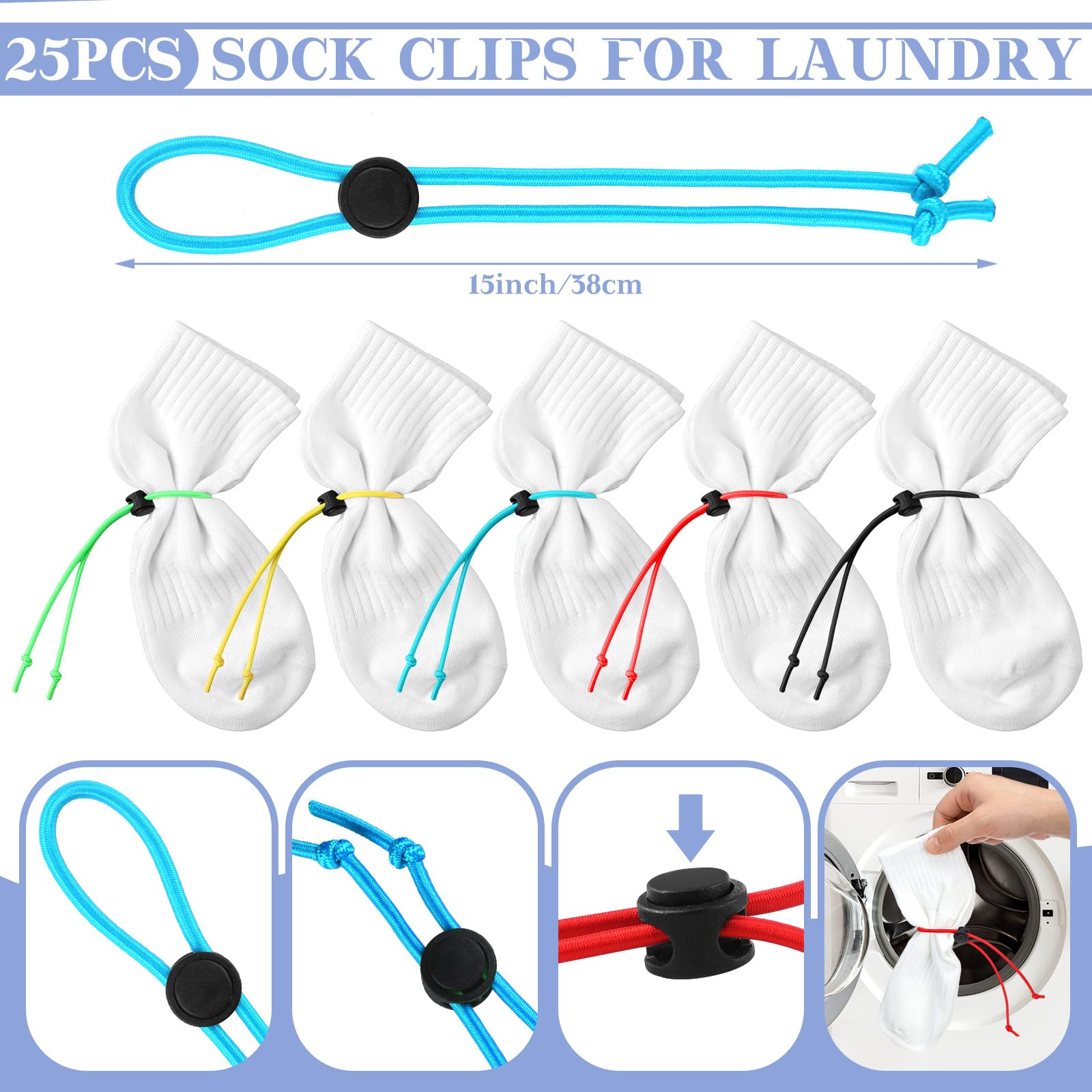 Lineshading 49 Pcs Laundry Strap Sock Clips Set Includes 24 Pcs Laundry Strap with Buckle and 25 Pcs Sock Clips for Laundry Nylon Strap Sock Organizer Accessories Tools for Washing Machine and Dryer