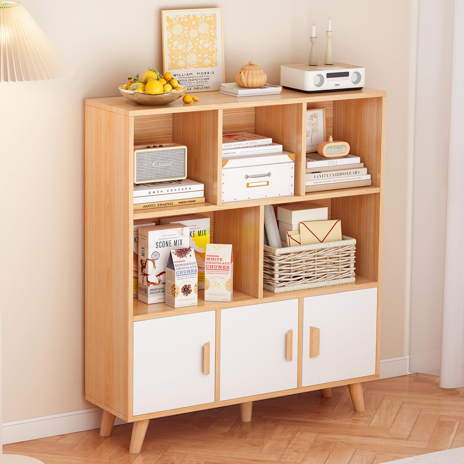 OSCHF Cubby Shelf Bookcase with Doors - Wooden 8 Cube Floor Standing Open Bookshelf with Solid Wood Legs, 3-Tier Storage Cabinet, Oak and Warm White