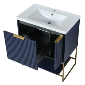 CuisinSmart 30" Bathroom Vanity with Resin Sink, Bathroom Storage Cabinet with Soft Close Doors & Drawers, Bath Vanity with Open Shelf and Metal Pedestal Navy Blue