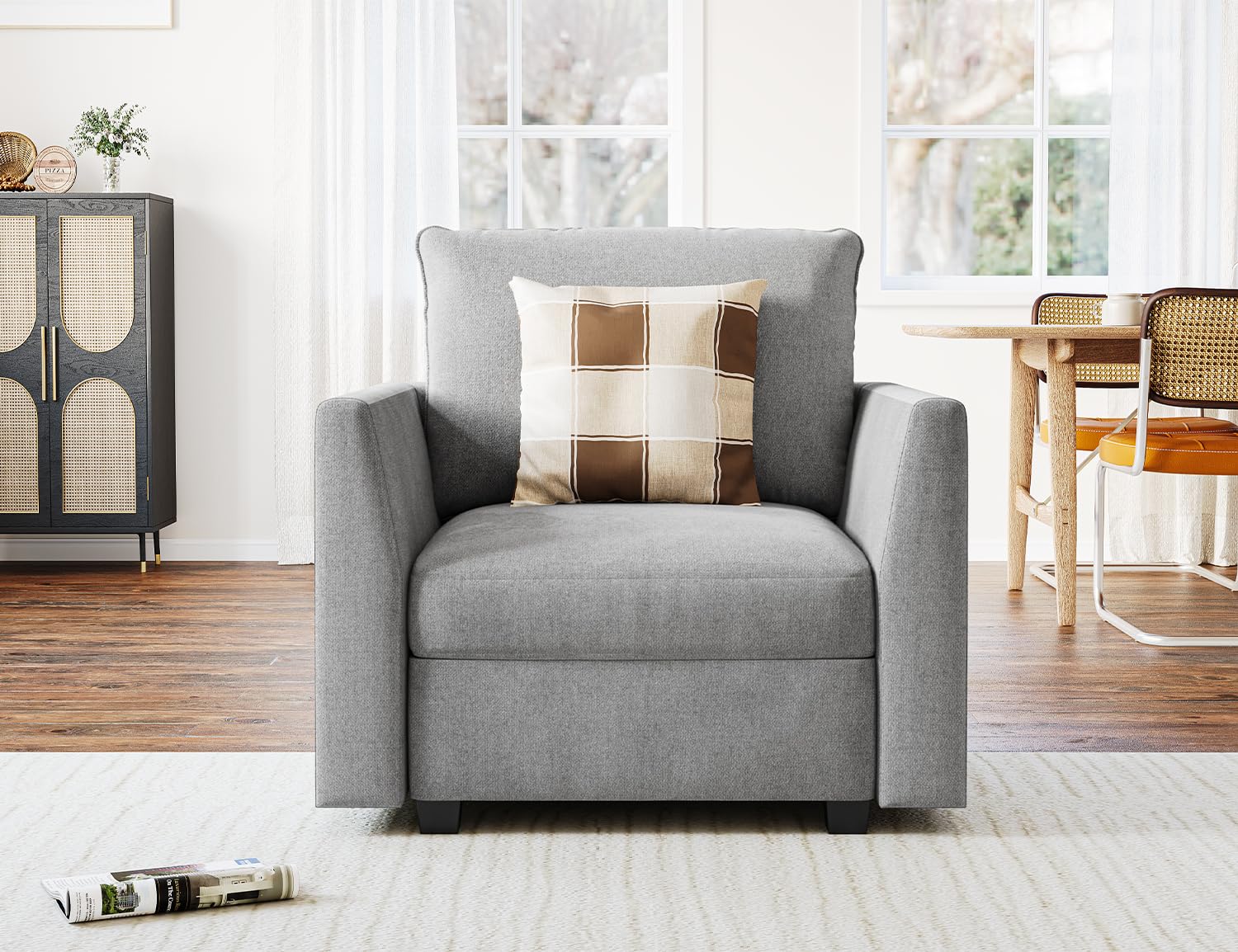 IDEALHOUSE Modular Sectional Accent Chair with Storage Seat, Linen Fabric Modern Sofa Chair with Strong Wood Frame, Upholstered Armchair with Reading Chair for Living Room Small Spaces, Grey