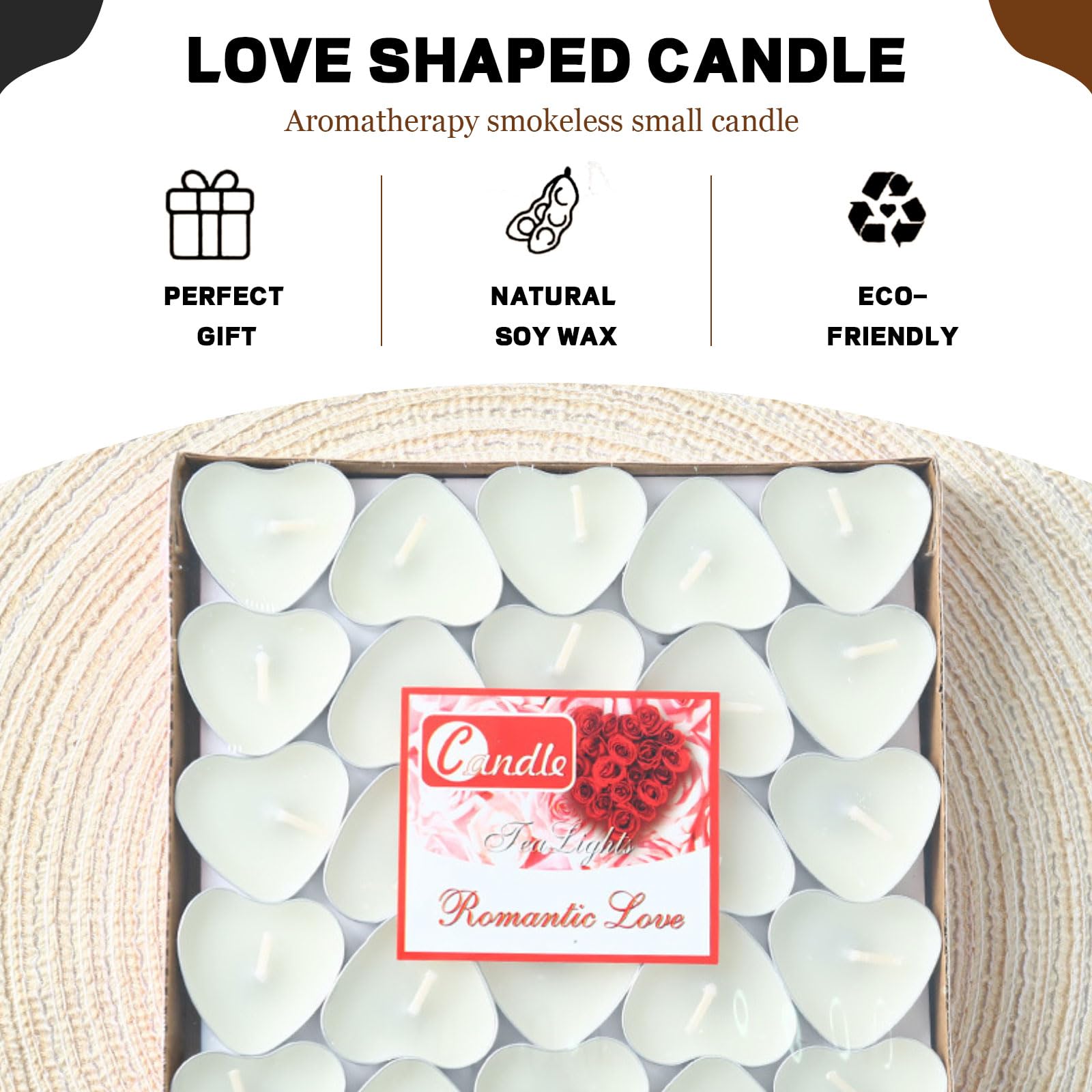 Heart Shaped Tealight Candles 50 Packs,25 * 2 Layers Romantic Love Unscented mokeless for Dinner Home Wedding (White)