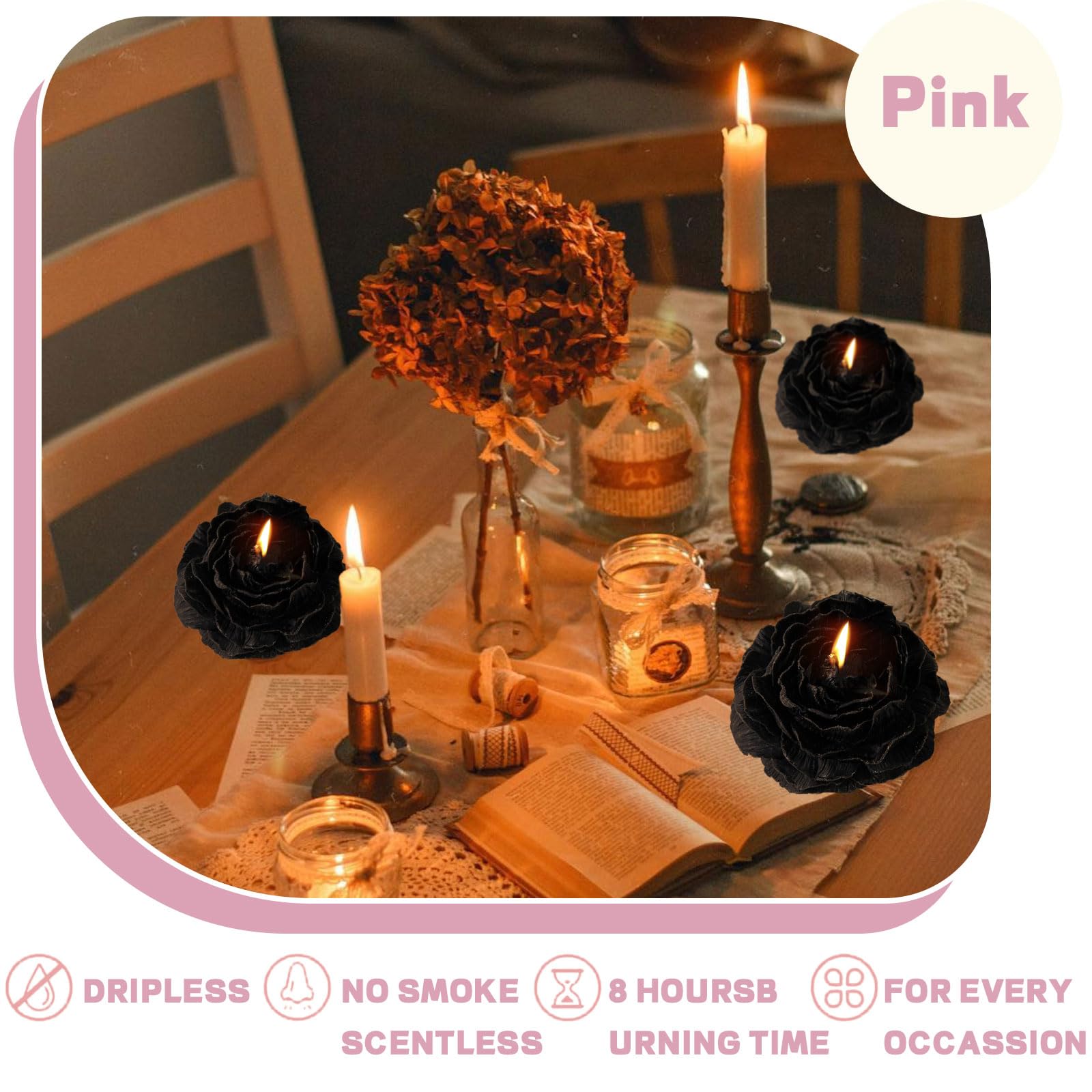 Peony Flower Shape Candles 1 Pack Soy Wax Decorative Candle for Bedroom Home Scented Candle Gift to Friends Family (Black)