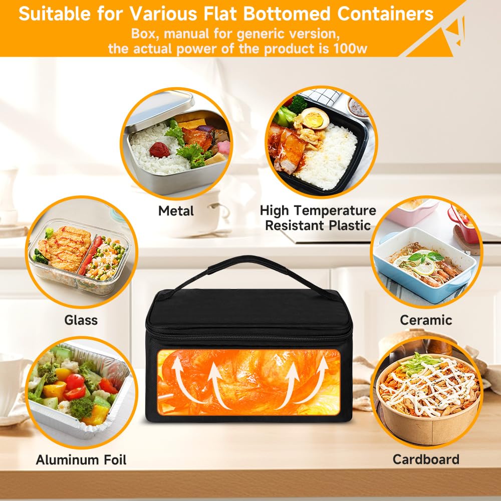 IXIIE Protable Oven Food Warmer 100W, 12V/24V/110V Electric Lunch Box for Adults, Personal Microwave for Heating and Cooking Meals on Office/Travel/Car/Truck/Hotel/Home/workplace