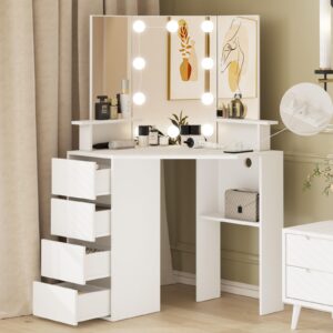 fameill corner vanity table with lighted mirror, makeup vanity desk with power outlets, makeup dresser with 4 drawers and shelves, 3 color lighting, brightness adjustable, for women girls