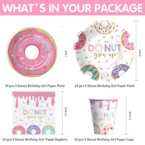 HIPVVILD Donut Party Decorations Tableware Girl - Donut Grow Up Party Supplies, Paper Plate, Cup, Napkin, Tablecloth, Cutlery, Straw, Pink Donut Theme Birthday Baby Shower Decorations | Serve 24