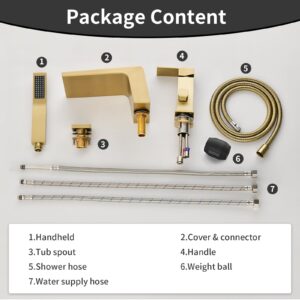 Waterfall Roman Tub Faucet with Hand Shower Deck Mount Bathtub Faucet with Hand Shower Widespread Bathtub Faucets Set Bathtub Shower Faucet Set Brushed Gold - 1725BG