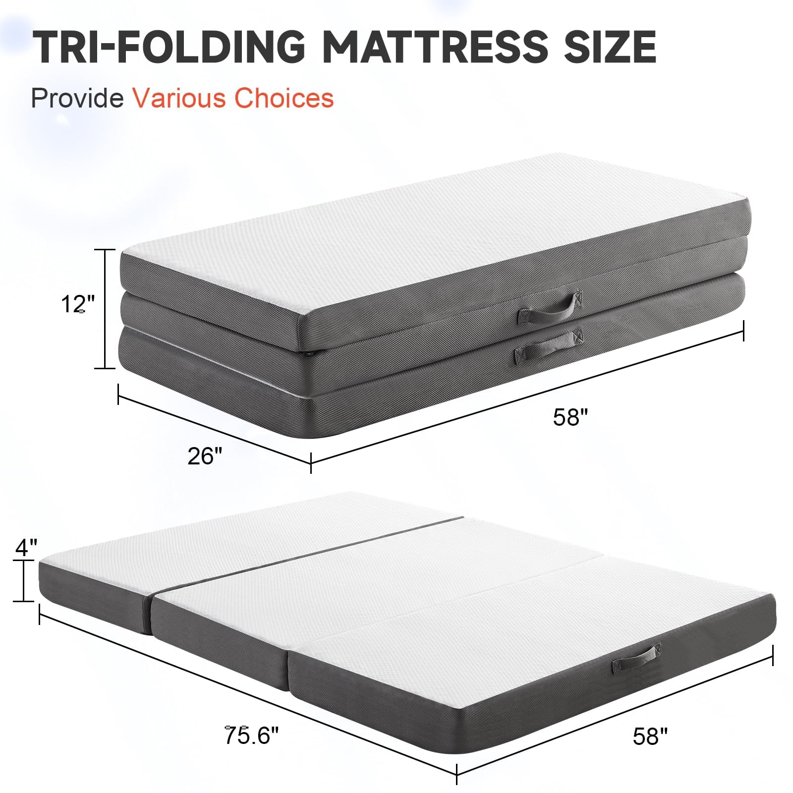 POHARE Folding Mattress Queen, Memory Foam Foldable Mattress Topper with Storage Bag & Blanket, Portable Trifold Mattress with Breathable Washable Cover for Camping, Floor, Guest