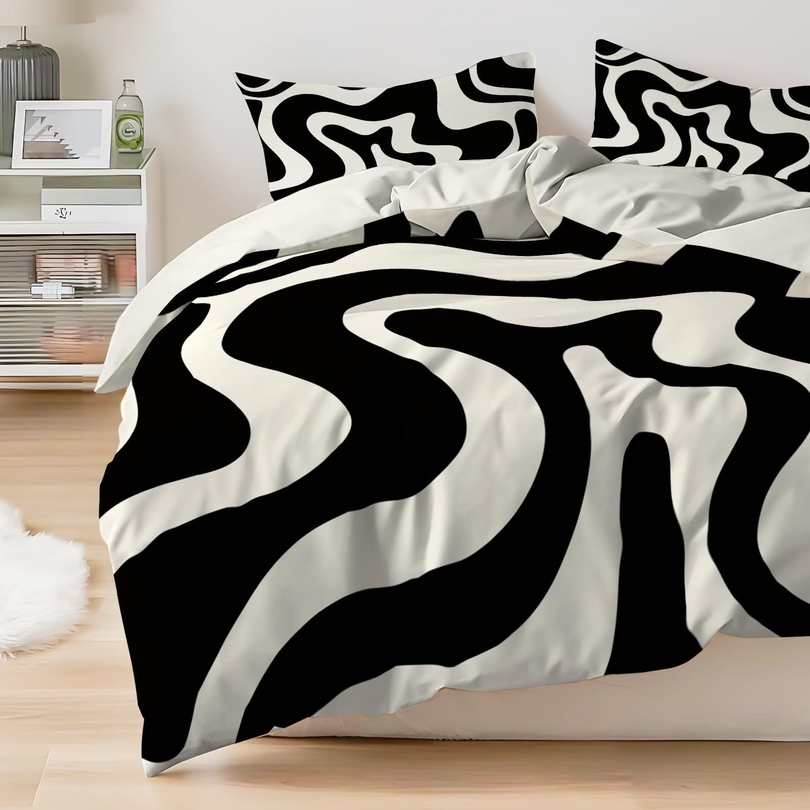 Rvciby Girls Black and White Stripe Duvet Cover Queen Size,Cotton and Polyester Trendy Duvet Cover Comforter Cover Set with Corner Ties &Zipper Closure,1 Duvet Cover&2 PillowShams for Boys Women Man