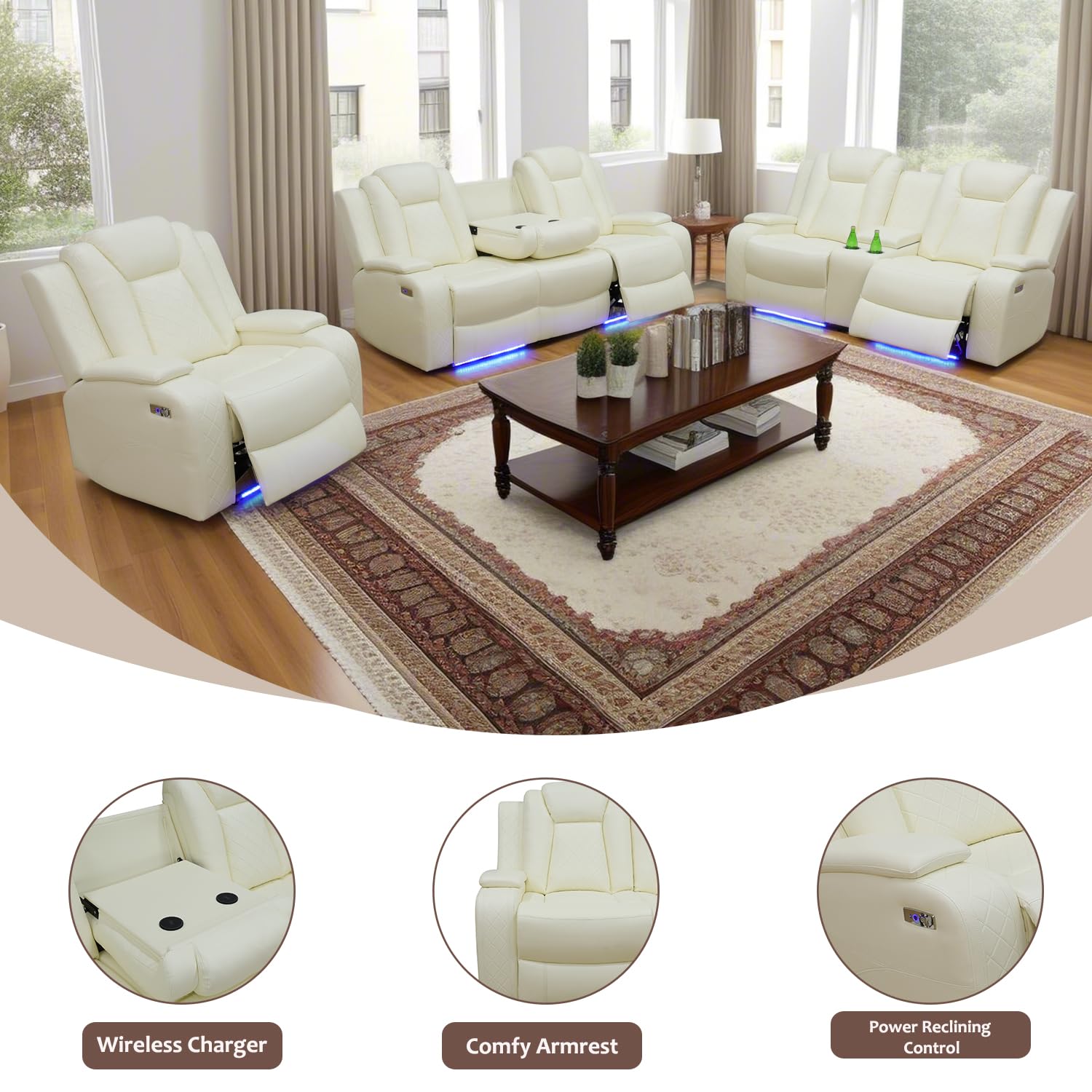 GEBADOL Power Reclining Sofa Set, Living Room Furniture Set with USB Ports, Leather Recliner Couches Set for Living Room/Apartment/Office/Home Theather (Creamy White, Sofa)