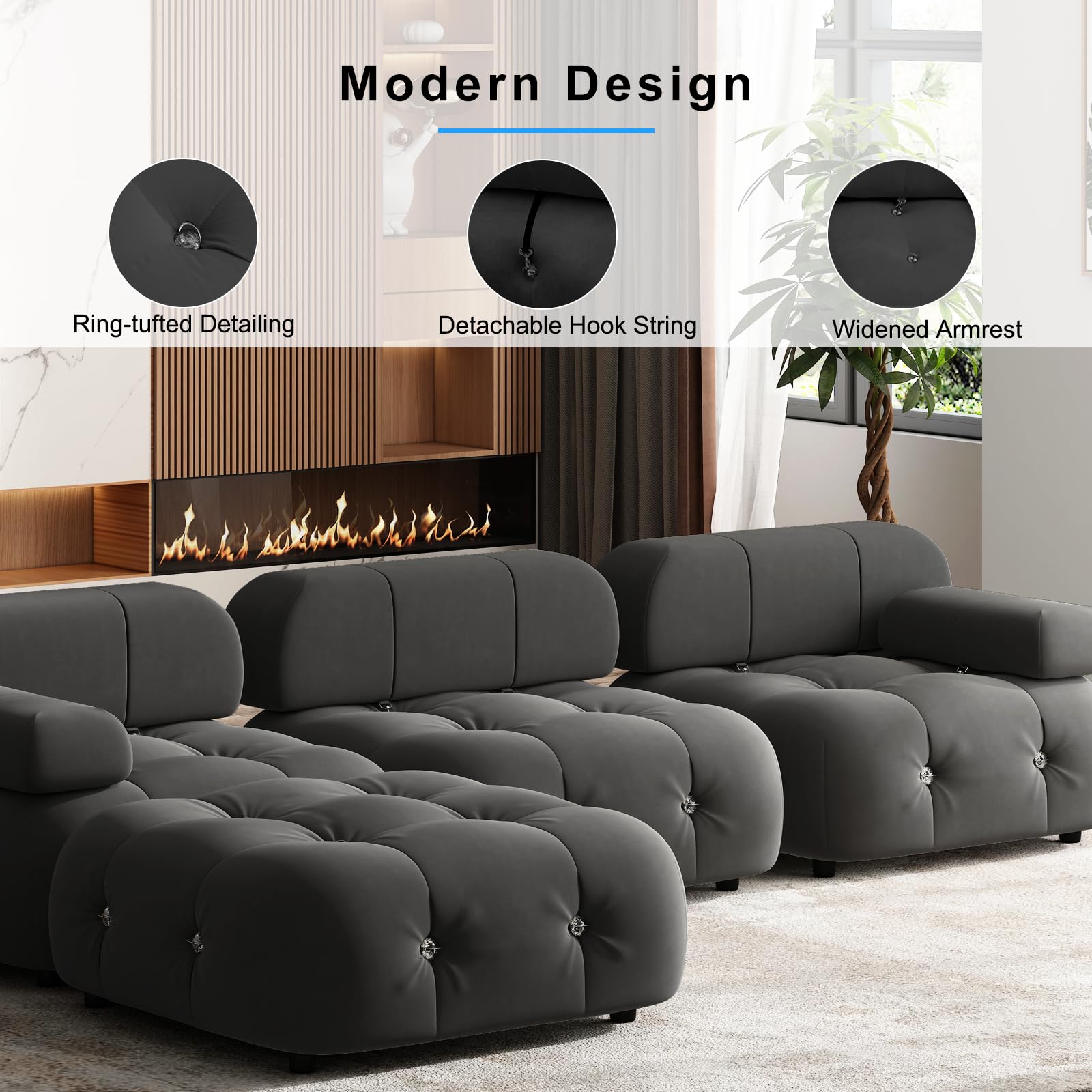 PUREMIND Bubble Couch 103 Inches,Funky Velvet Bubble Sofa Convertible Modular Sectional Couch, Modern L Shaped 3 Seater Bubble Sofa,DIY Cool Cloud Couches for Living Room Bedroom Apartment (Dark Grey)