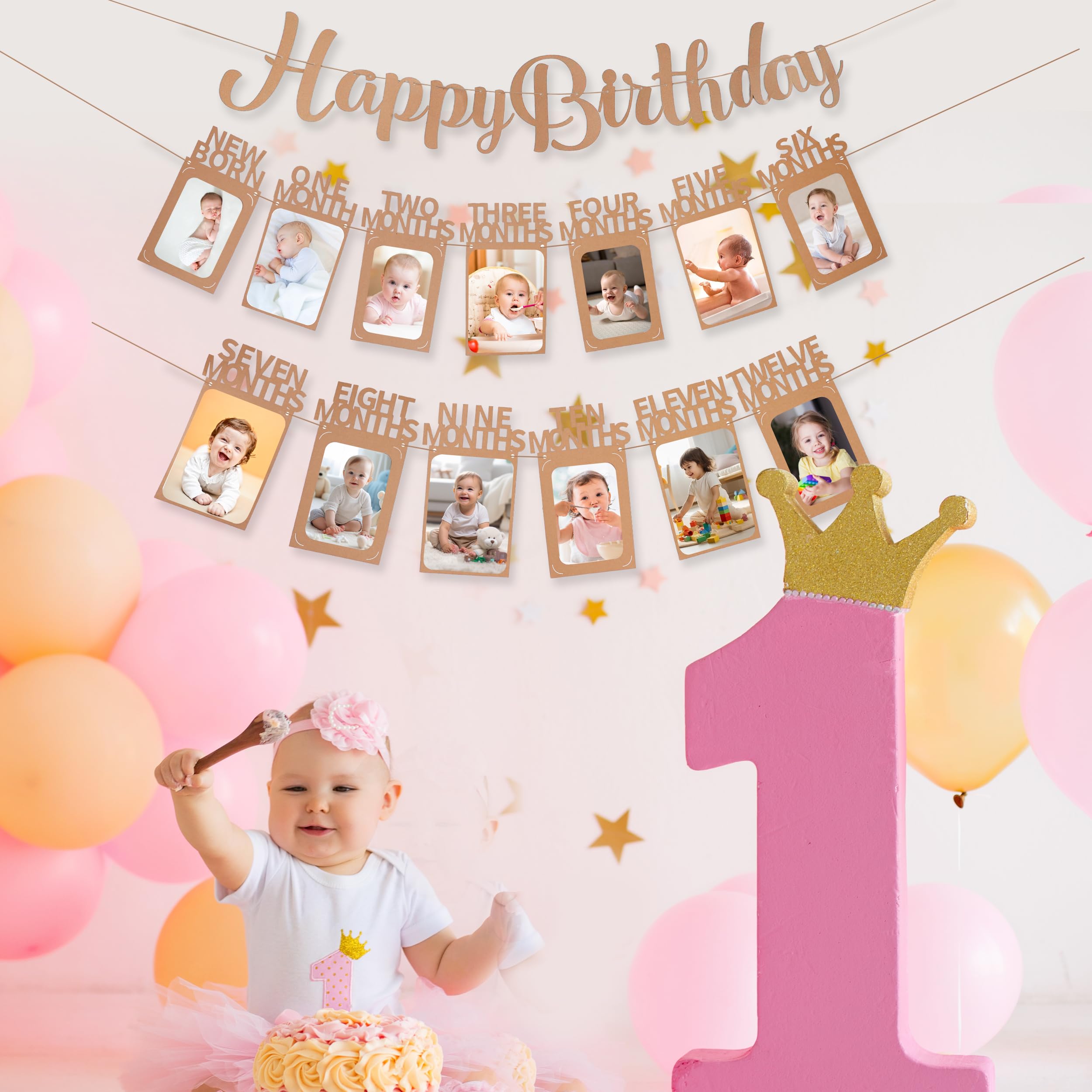 1st Birthday Photo Banner and Happy Birthday Banner for Boys Girls from Newborn to 12 Months, Pre-Strung First Birthday Monthly Photo Banner Decorations for Baby Shower, First Birthday Party (Kraft)