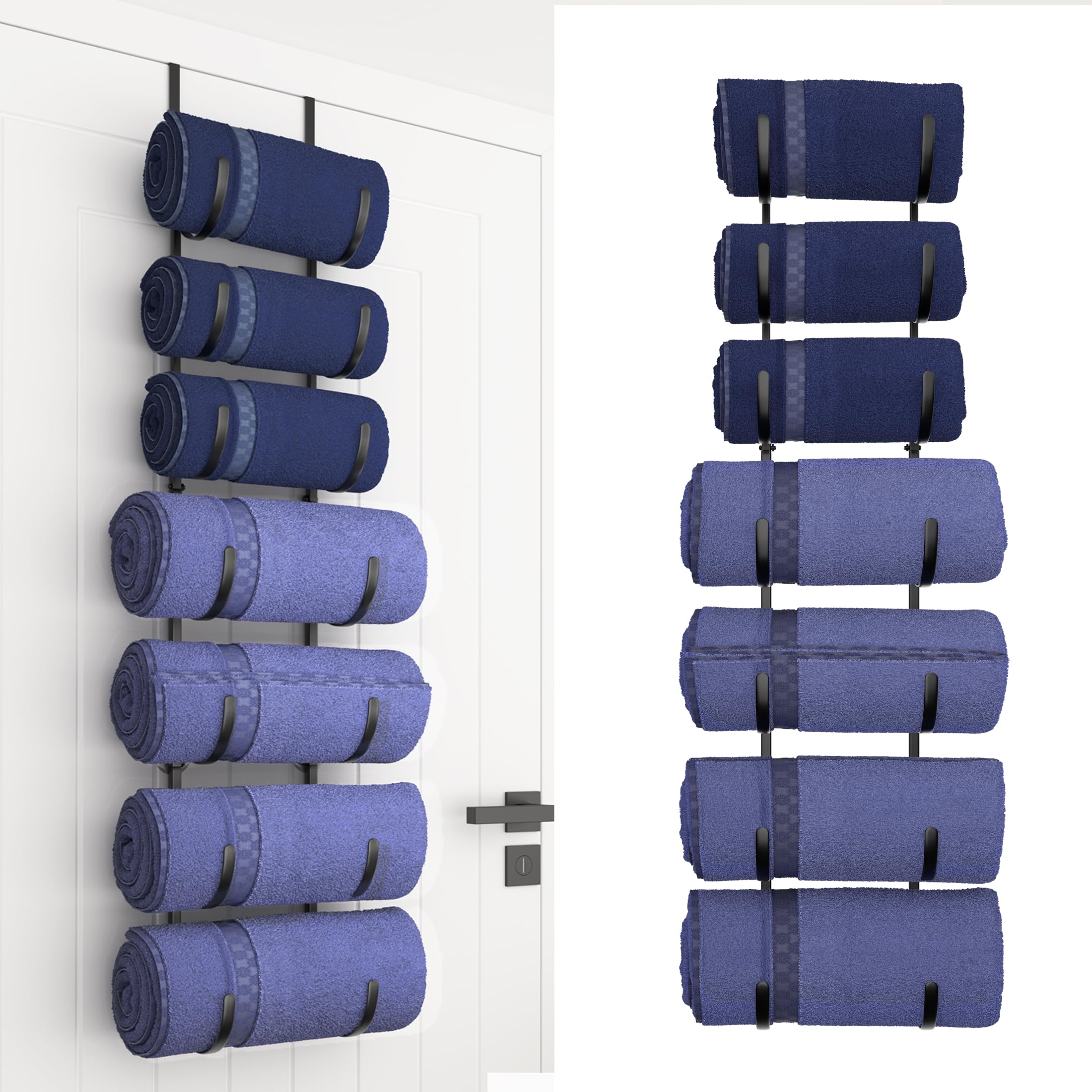 XRMAO Upgrated 7-Tier Over The Door Towel Racks, Metal Wall Mounted Towel Holder with Adjustable Door Hooks, Rolled Towel Organizer for Bathroom, Laundry Room, Black