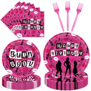 girls party supplies birthday tableware - 96 pcs burn book lips plates and napkins sets with forks, so fetch women movie party decorations, bridal shower disposable dinnerware, serves 24