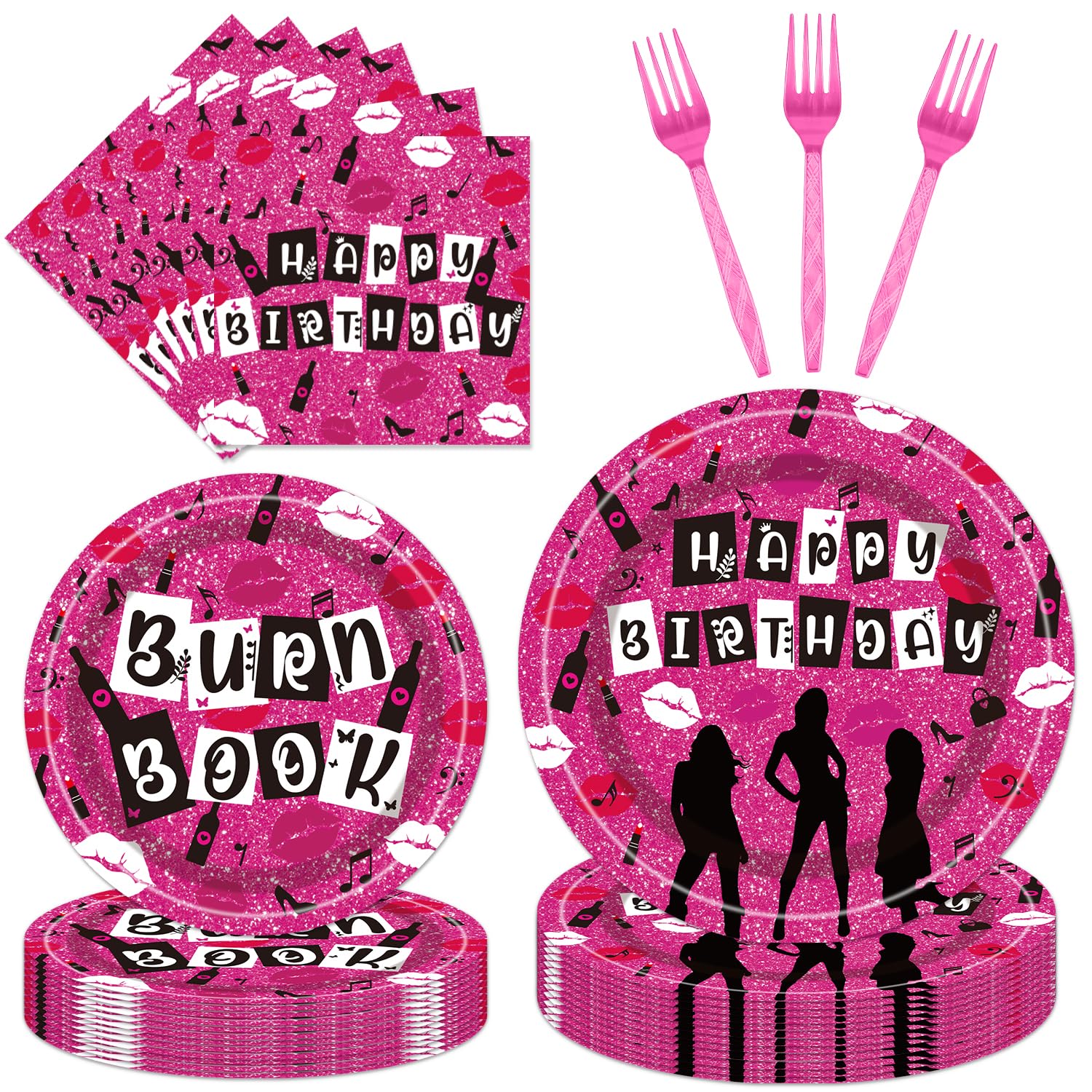 Girls Party Supplies Birthday Tableware - 96 Pcs Burn Book Lips Plates and Napkins Sets with Forks, So Fetch Women Movie Party Decorations, Bridal Shower Disposable Dinnerware, Serves 24