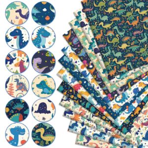 JarThenaAMCS 12Pcs Dinosaur Themed Cotton Fabric Bundles Cartoon Dinosaur Fat Quarters Cute Quilting Patchwork for DIY Craft Home Party Decor, 18 x 22 Inch