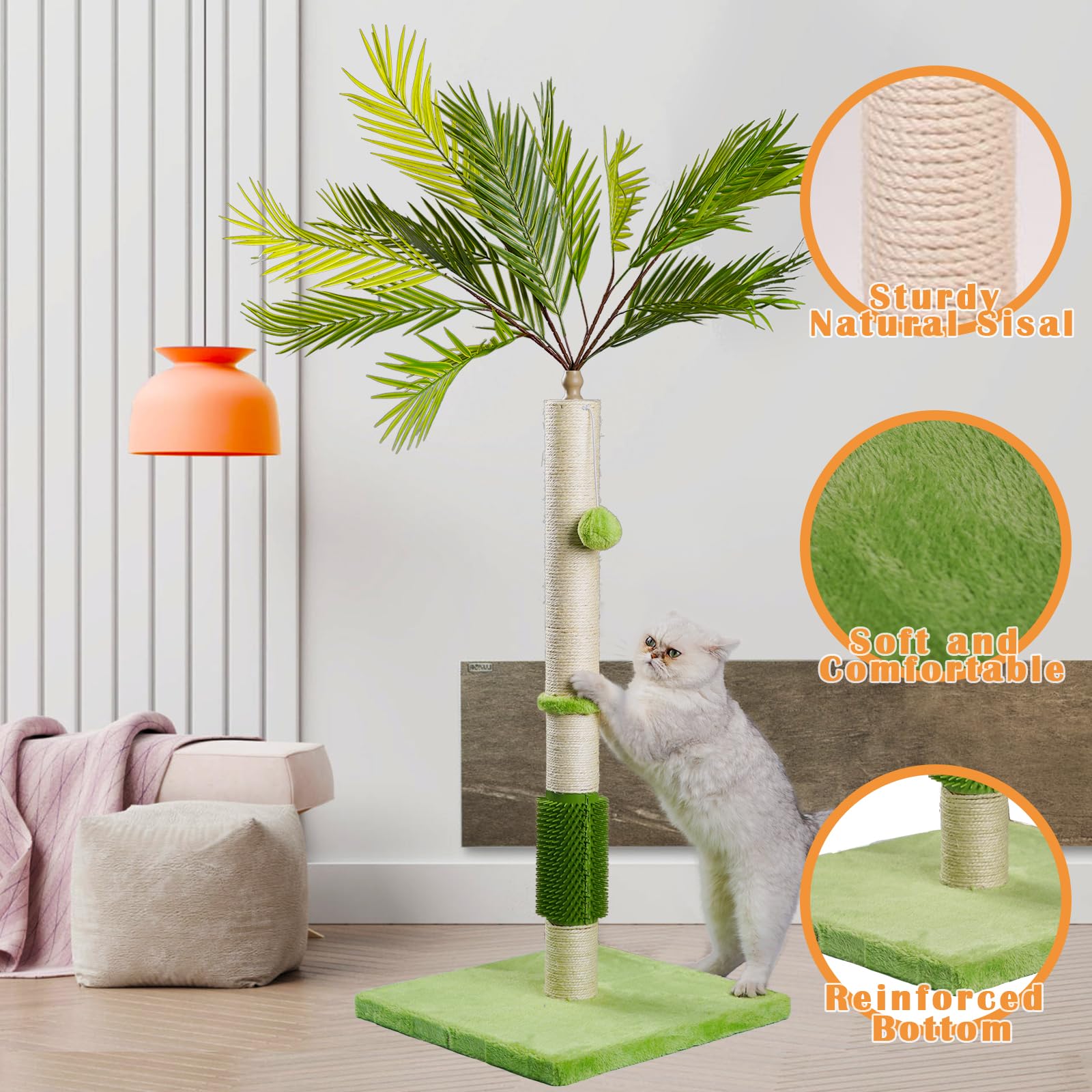 MeowHomm Cat Scratching Post, Cat Palm Tree for Indoor Cats with Natural Sisal Scratch Pole Hanging Sisal Ropes and Balls, Cute 40" Tall Cat Scratcher for Large Cat and Kittens