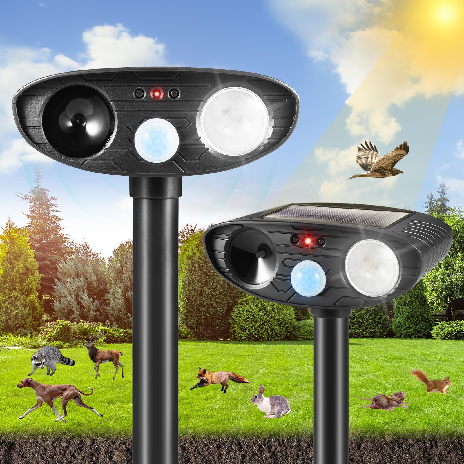 2Pcs Ultrasonic Animal Repellent Outdoor Solar Animal Repeller with Motion Sensor&LED Strobe Light Cat Deterrent to Scare Cat Deer Squirrel Dog Bird Raccoon Rabbit Skunk Repellent for Yard