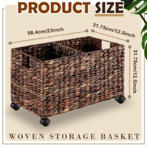 Havawish 1 Pcs Extra Large Rolling Storage Wicker Basket Cart with Wheels File Cabinet 23 x 12.5'' Water Hyacinth Divided Organizer Blanket Storage Recycling Sorting Bin for Laundry Living Room