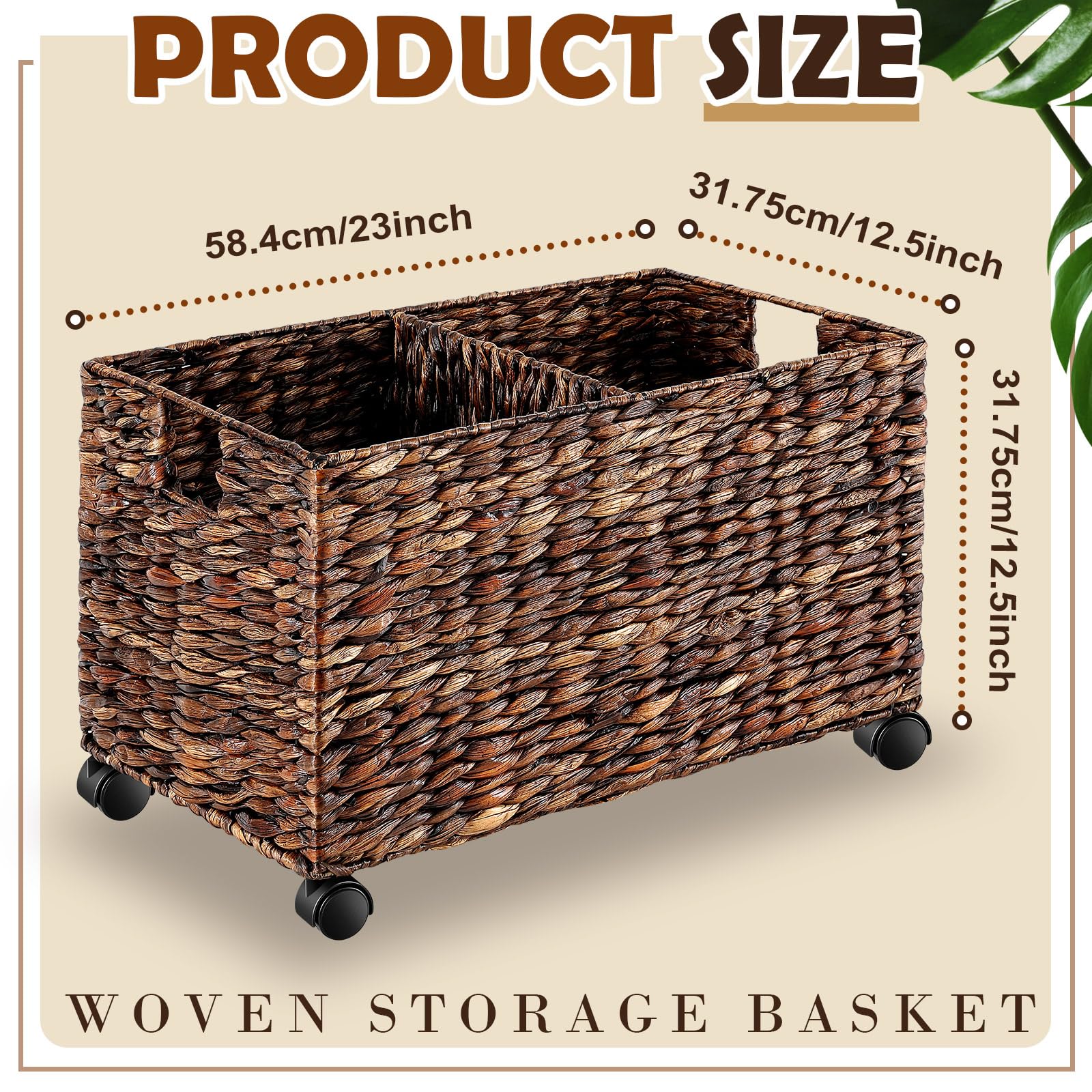 Havawish 1 Pcs Extra Large Rolling Storage Wicker Basket Cart with Wheels File Cabinet 23 x 12.5'' Water Hyacinth Divided Organizer Blanket Storage Recycling Sorting Bin for Laundry Living Room