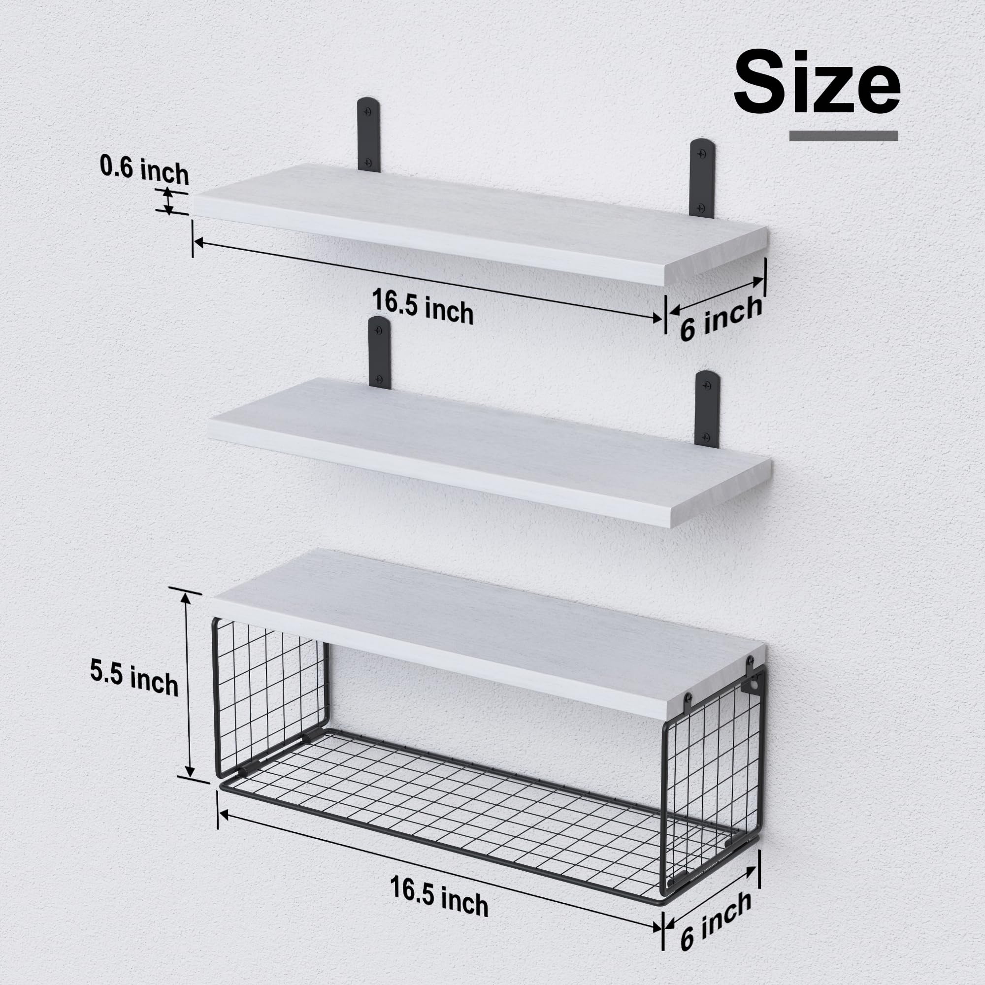 WOPITUES Bathroom Shelf Over Toilet, Floating Bathroom Shelf Wall Mounted with Wire Basket, Floating Shelf for Wall Décor-Modern White