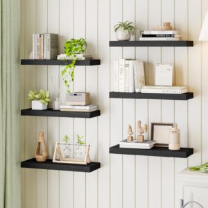 Fixwal 15.8in Black Floating Shelves, Set of 6 Wood Shelves, Farmhouse Shelf Wall Decor for Bathroom, Bedroom, Living and Kitchen Room