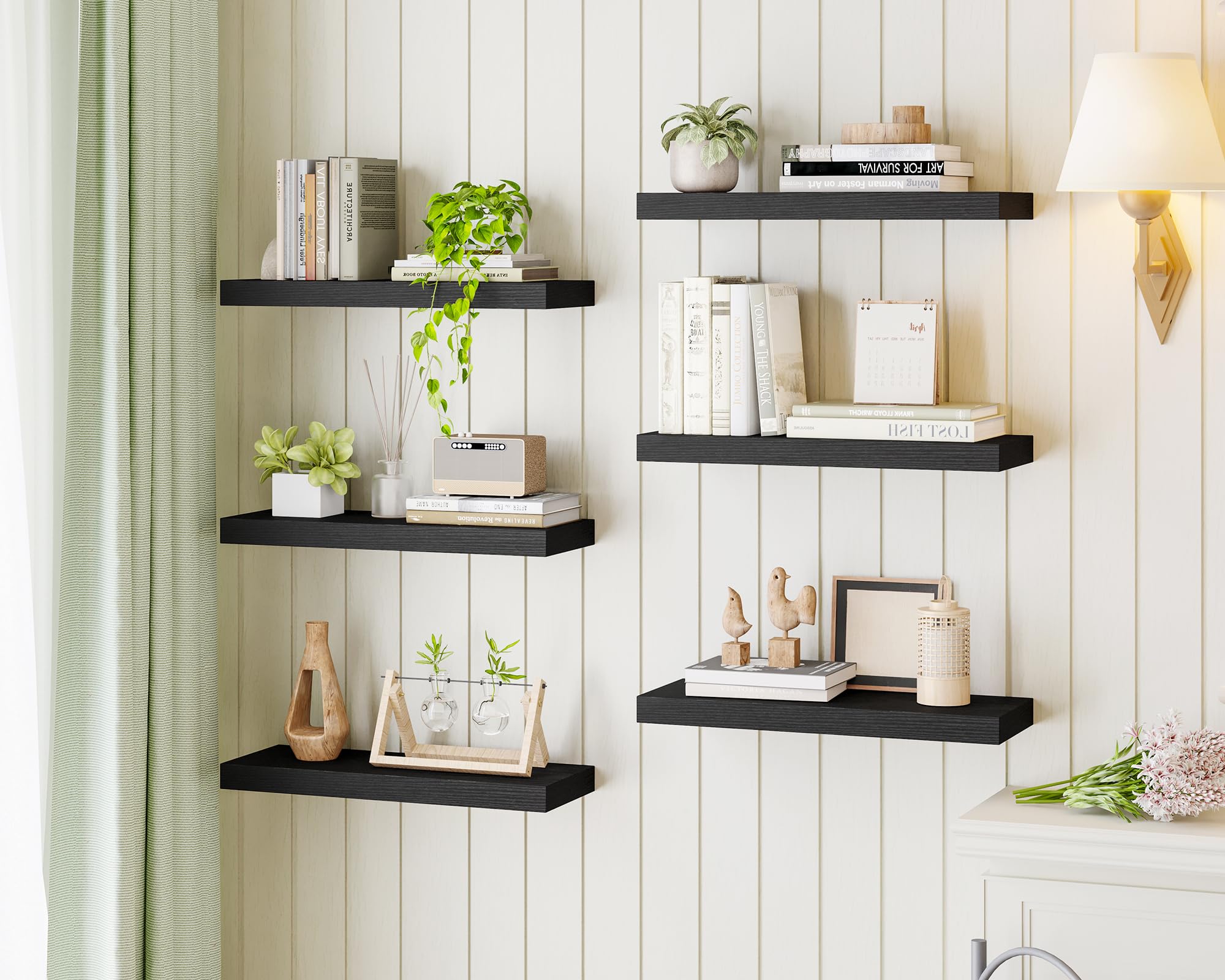 Fixwal 15.8in Black Floating Shelves, Set of 6 Wood Shelves, Farmhouse Shelf Wall Decor for Bathroom, Bedroom, Living and Kitchen Room