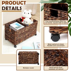 Havawish 1 Pcs Extra Large Rolling Storage Wicker Basket Cart with Wheels File Cabinet 23 x 12.5'' Water Hyacinth Divided Organizer Blanket Storage Recycling Sorting Bin for Laundry Living Room