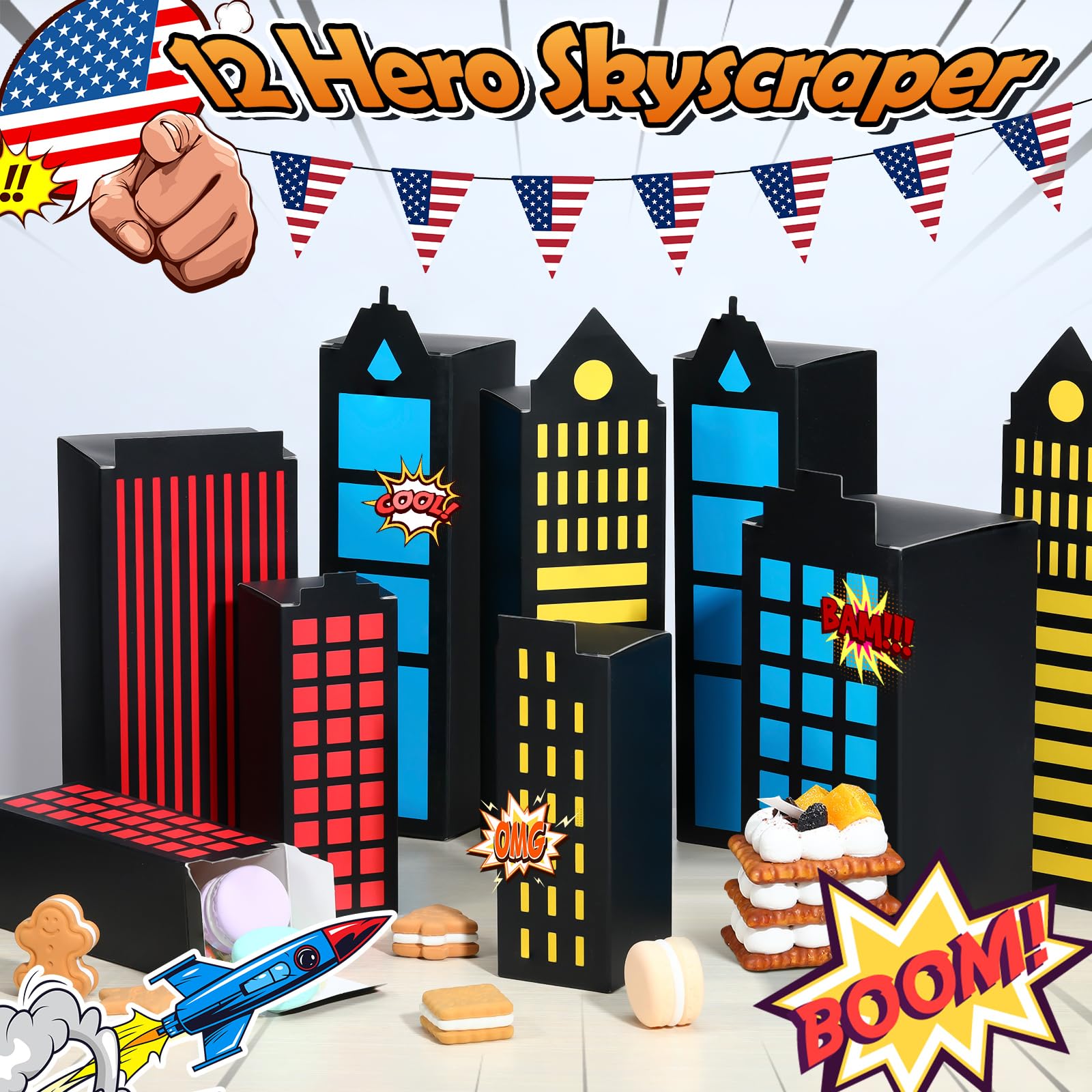 Motiskyy 12 Pcs Hero Party Favor Boxes Skyscraper City Gift Boxes Hero Theme Party Treat Boxes Candy Goodies Boys Girls Birthday Party Decorations Supplies (Black Hero)