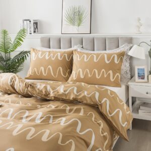 Lemfux 100% Cotton Geometric Pattern Light Brown Duvet Cover Set, Curve Print Modern Abstract Soft Comforter Cover Set with Metal Zippers, Luxury Neutral Designer Bedding Set, Full Size, 3Pcs