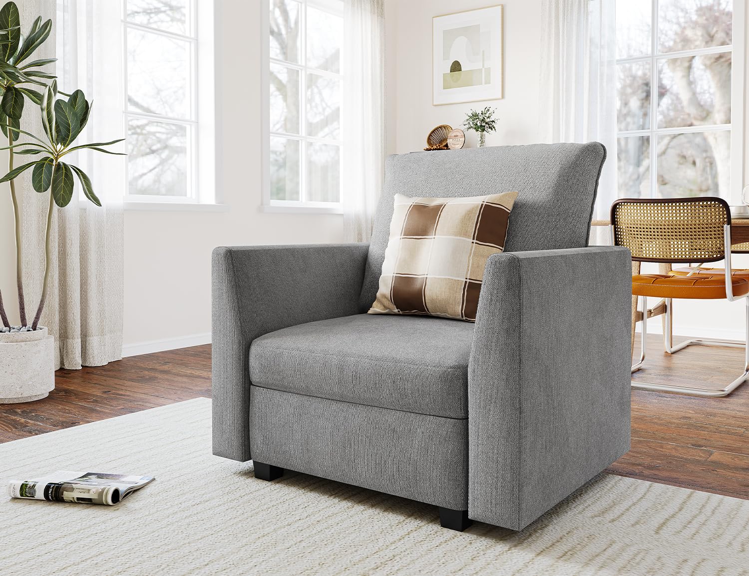 IDEALHOUSE Modular Sectional Accent Chair with Storage Seat, Linen Fabric Modern Sofa Chair with Strong Wood Frame, Upholstered Armchair with Reading Chair for Living Room Small Spaces, Grey