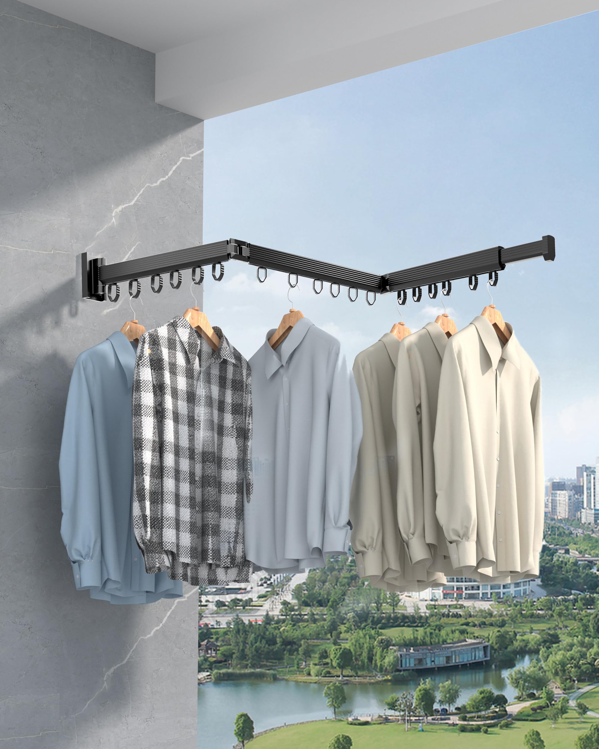 KIMCHUL Clothes Drying Rack,Wall Mounted Clothes Hanger Rack,Space-Saver, Retractable Laundry Drying Rack,Collapsible, for Laundry,Balcony, Mudroom, Bedroom (Black, Tri-Fold)