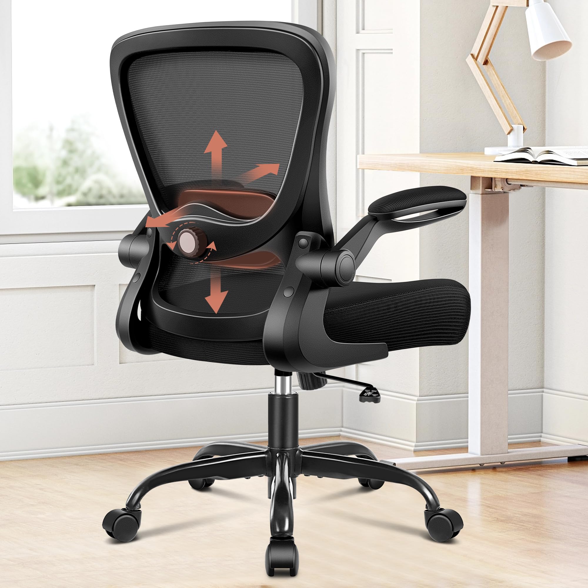 KERDOM Office Chair, Ergonomic Desk Chair with Adjustable Lumbar Support, Rolling Swivel Executive Computer Chair with Flip-up Armrest, Breathable Mesh Gaming Chair Home Office, Black Office Chair