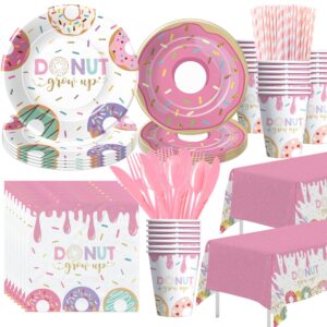 hipvvild donut party decorations tableware girl - donut grow up party supplies, paper plate, cup, napkin, tablecloth, cutlery, straw, pink donut theme birthday baby shower decorations | serve 24