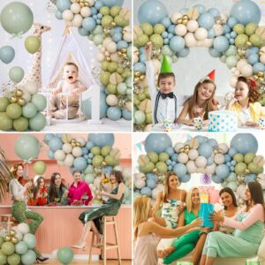 161Pcs Dusty Green and Blue Balloon Garland Arch Kit,Dusty Green Ash Mist Green Haze Fog Blue Sand White Gold Balloons for Birthday Baby Shower Jungle Safari Neutral Wedding Party Decorations