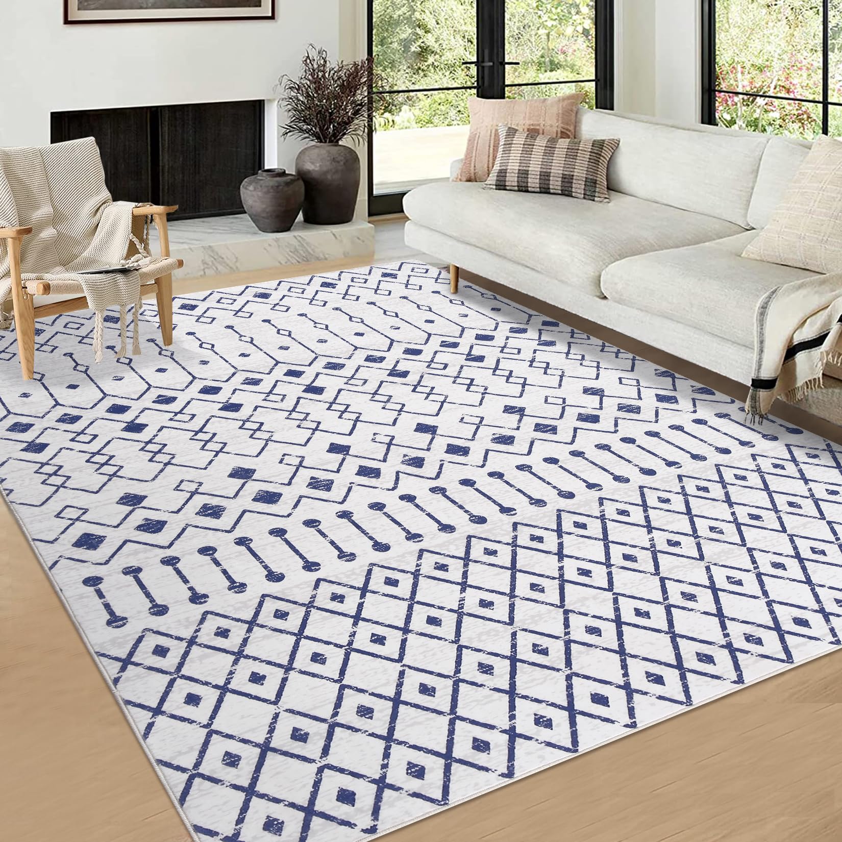 GAOMON 4x6 Rug for Living Room Washable Rugs Modern Geometric Area Rug for Bedroom Tribal Office Carpet Soft Nursery Rug Low Pile Floor Cover Neutral Rugs Blue and White