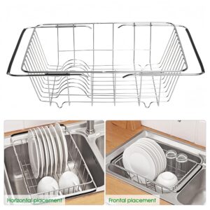 YHan Expandable Dish Drying Rack, Rustproof Stainless Over Sink Dish Drainer Rack Basket Shelf, 304 Stainless Steel Metal Dish Drainer in Sink or On Counter Organizer Dish Dryer Rack for Inside Sink