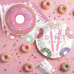 HIPVVILD Donut Party Decorations Tableware Girl - Donut Grow Up Party Supplies, Paper Plate, Cup, Napkin, Tablecloth, Cutlery, Straw, Pink Donut Theme Birthday Baby Shower Decorations | Serve 24