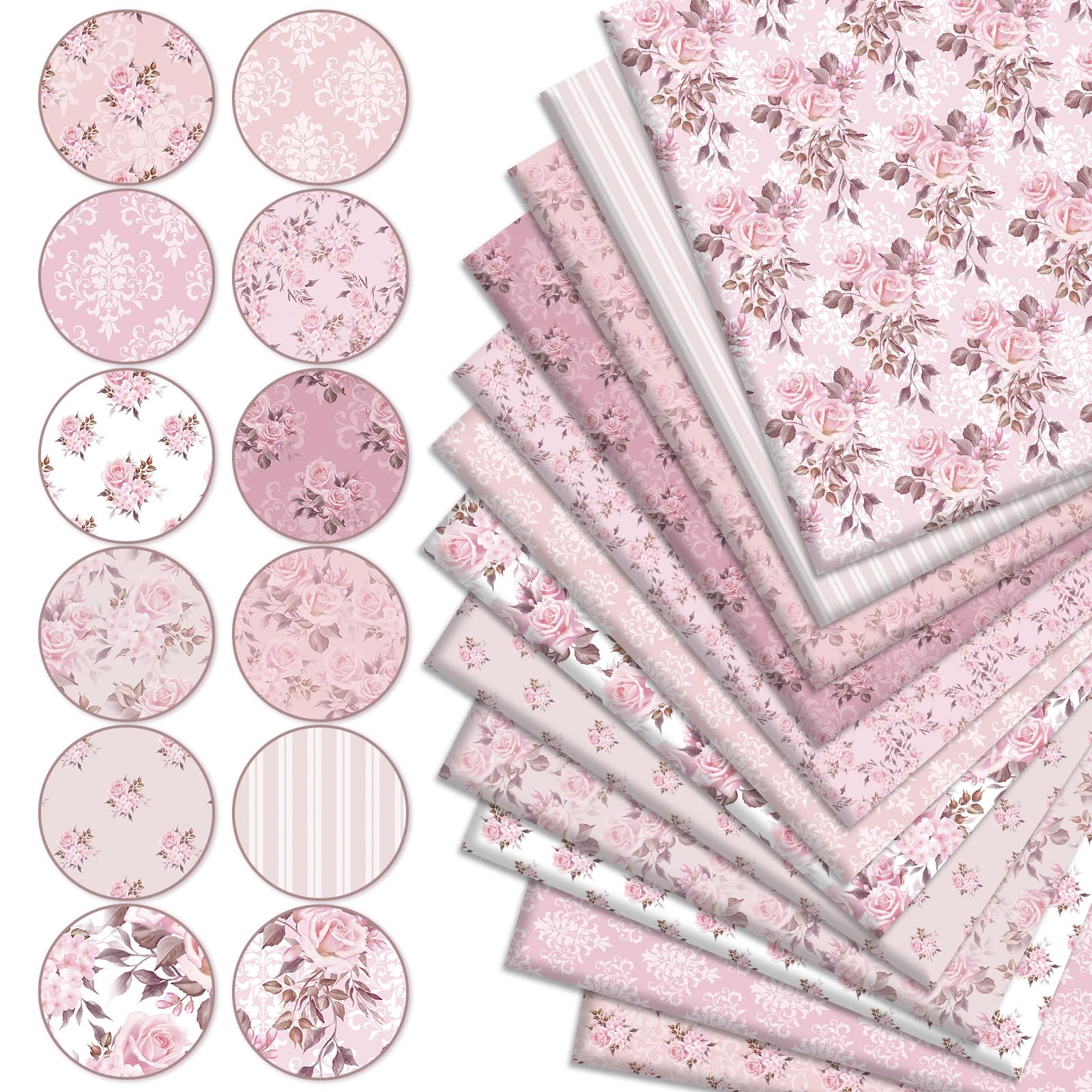 JarThenaAMCS 12Pcs Floral Cotton Fabric Bundles Pink Rose Fat Quarters Retro Flower Quilting Patchwork for Spring DIY Craft Home Party Decor, 18 x 22 Inch