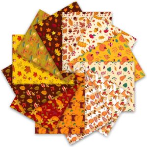 jarthenaamcs 12pcs fall cotton fabric bundles pumpkin maple leaf mushroom acorn fat quarters autumn thanksgiving quilting patchwork for diy craft home party decor, 18 x 22 inch