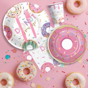 HIPVVILD Donut Party Decorations Tableware Girl - Donut Grow Up Party Supplies, Paper Plate, Cup, Napkin, Tablecloth, Cutlery, Straw, Pink Donut Theme Birthday Baby Shower Decorations | Serve 24