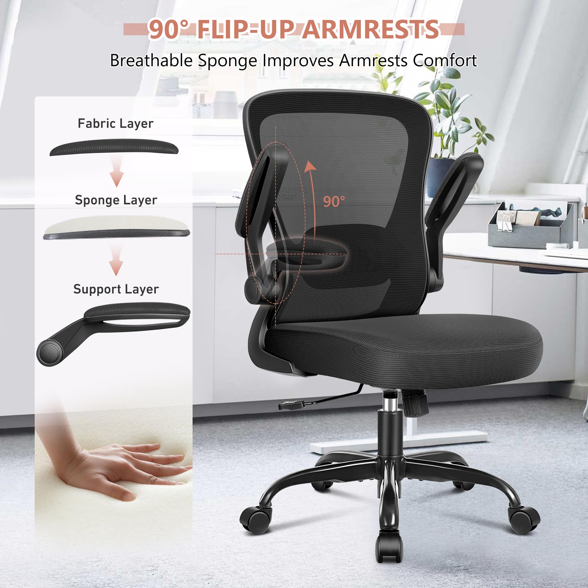 KERDOM Office Chair, Ergonomic Desk Chair with Adjustable Lumbar Support, Rolling Swivel Executive Computer Chair with Flip-up Armrest, Breathable Mesh Gaming Chair Home Office, Black Office Chair