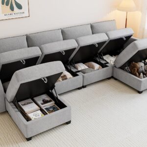 IDEALHOUSE Modular Sectional Accent Chair with Storage Seat, Linen Fabric Modern Sofa Chair with Strong Wood Frame, Upholstered Armchair with Reading Chair for Living Room Small Spaces, Grey