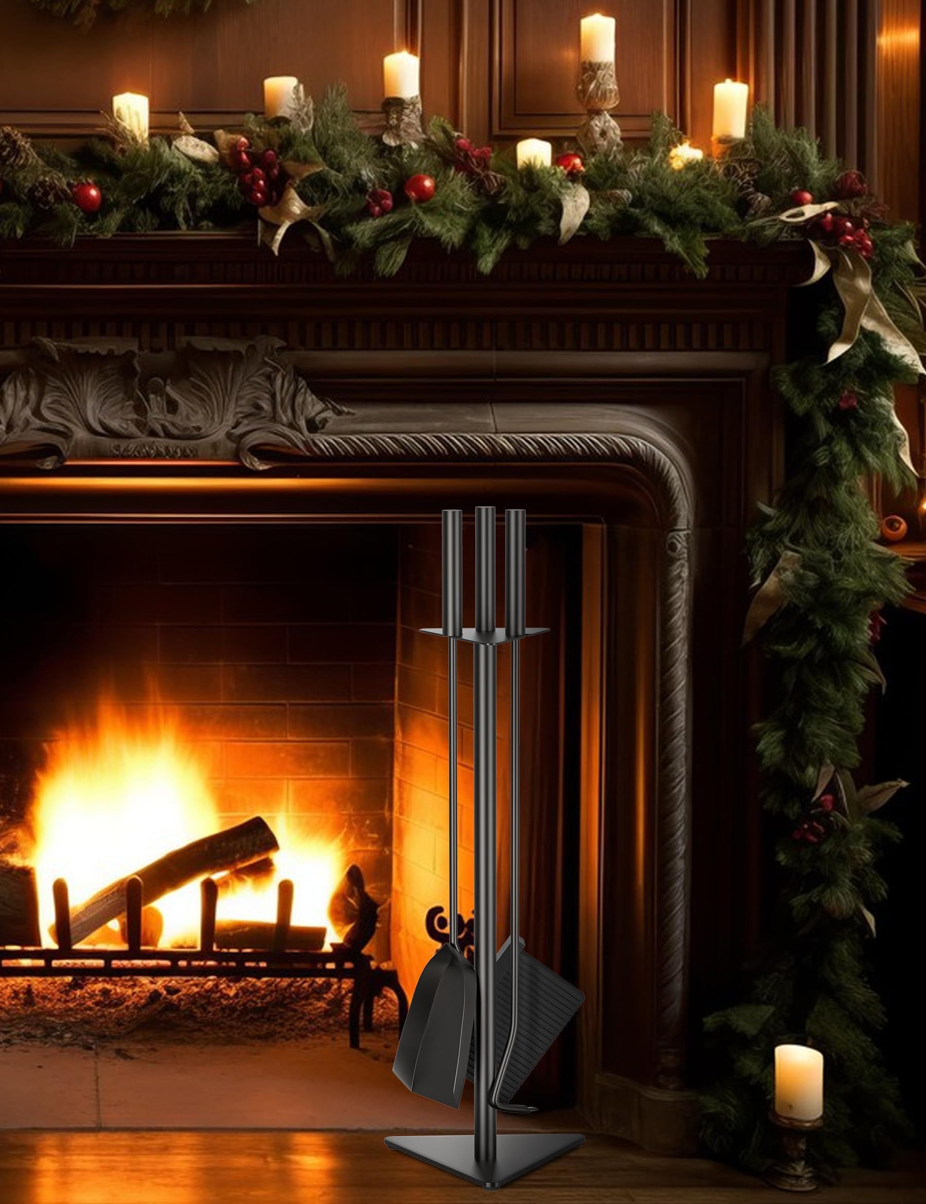 VODA Fireplace Tools Set, 4 Pcs 22.8 Inch Fireplace Tools Black Cast Iron Small Outdoor/Indoor Fireplace Accessories with Poker, Shovel, Broom, Fireplace Tool Stand