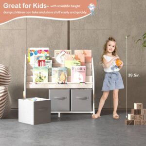 HedoAjim Kids Bookshelf Small 4 Sling Wood Book Rack Kids Room Bookcase Display Stand with 3 Toy Storage Organizer Cube Bins Children Toddler Baby Gift Boys Girls Bedroom Playroom Nursery