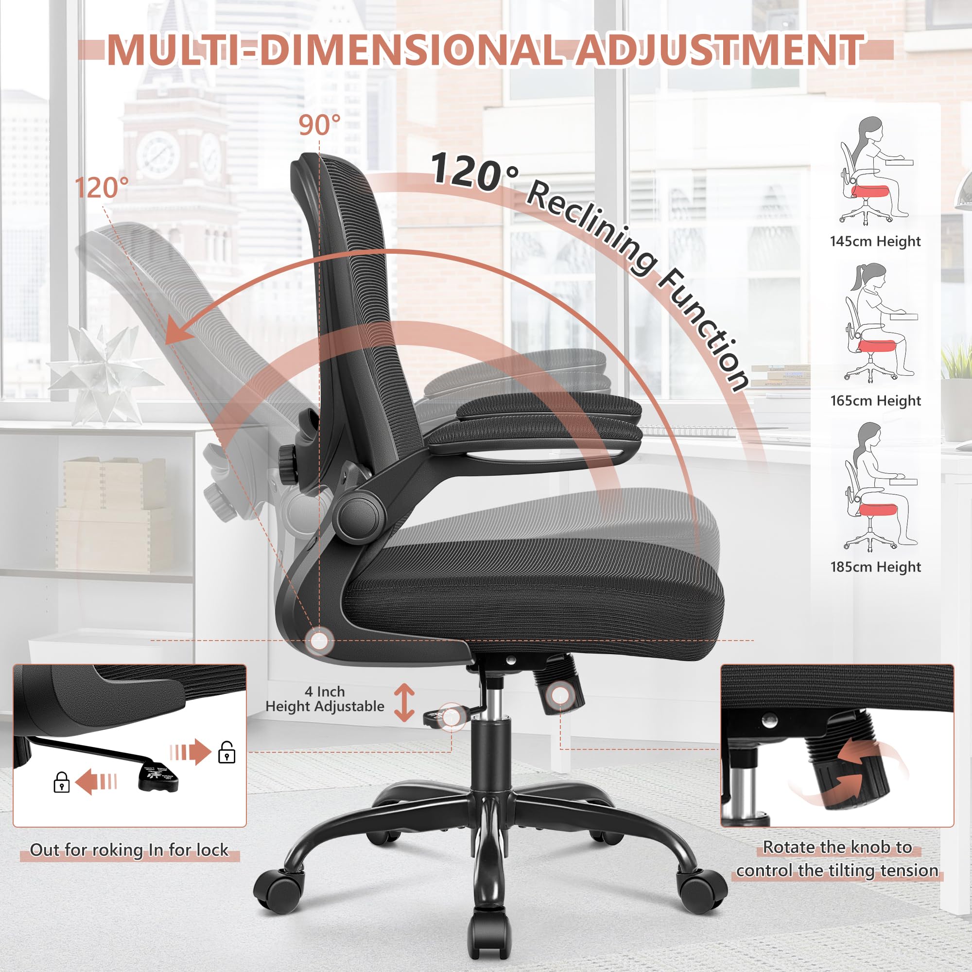 KERDOM Office Chair, Ergonomic Desk Chair with Adjustable Lumbar Support, Rolling Swivel Executive Computer Chair with Flip-up Armrest, Breathable Mesh Gaming Chair Home Office, Black Office Chair