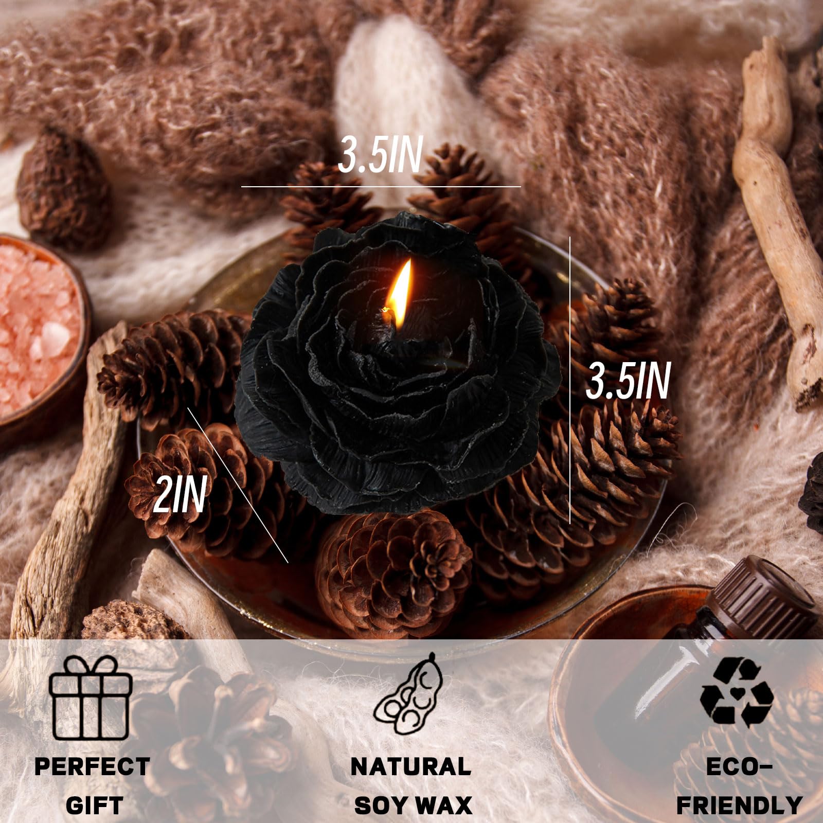 Peony Flower Shape Candles 1 Pack Soy Wax Decorative Candle for Bedroom Home Scented Candle Gift to Friends Family (Black)